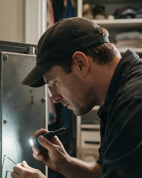 Harpreet Sandhu, owner of Tri-City Locksmith, working a safe door by flashlight