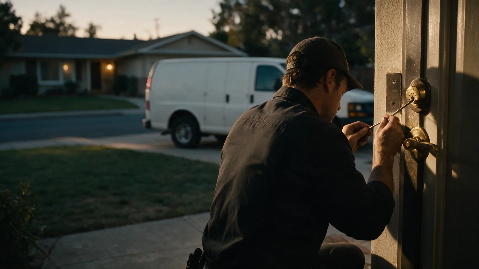 Tri-City Locksmith technician opening a front door in Fremont at dusk