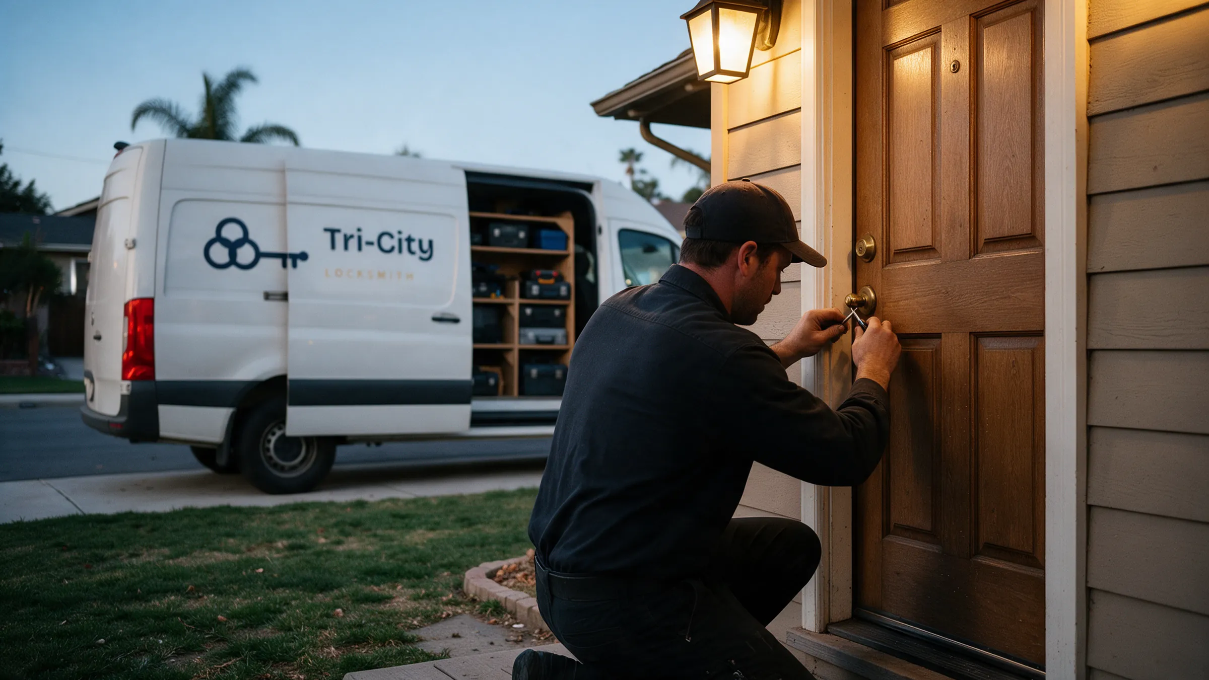 Tri-City Locksmith technician opening a front door in Fremont at dusk