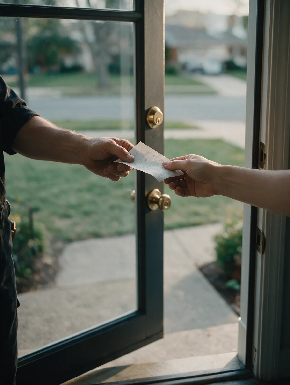 Locksmith handing a printed receipt to a homeowner at a glass front door with a new brass deadbolt
