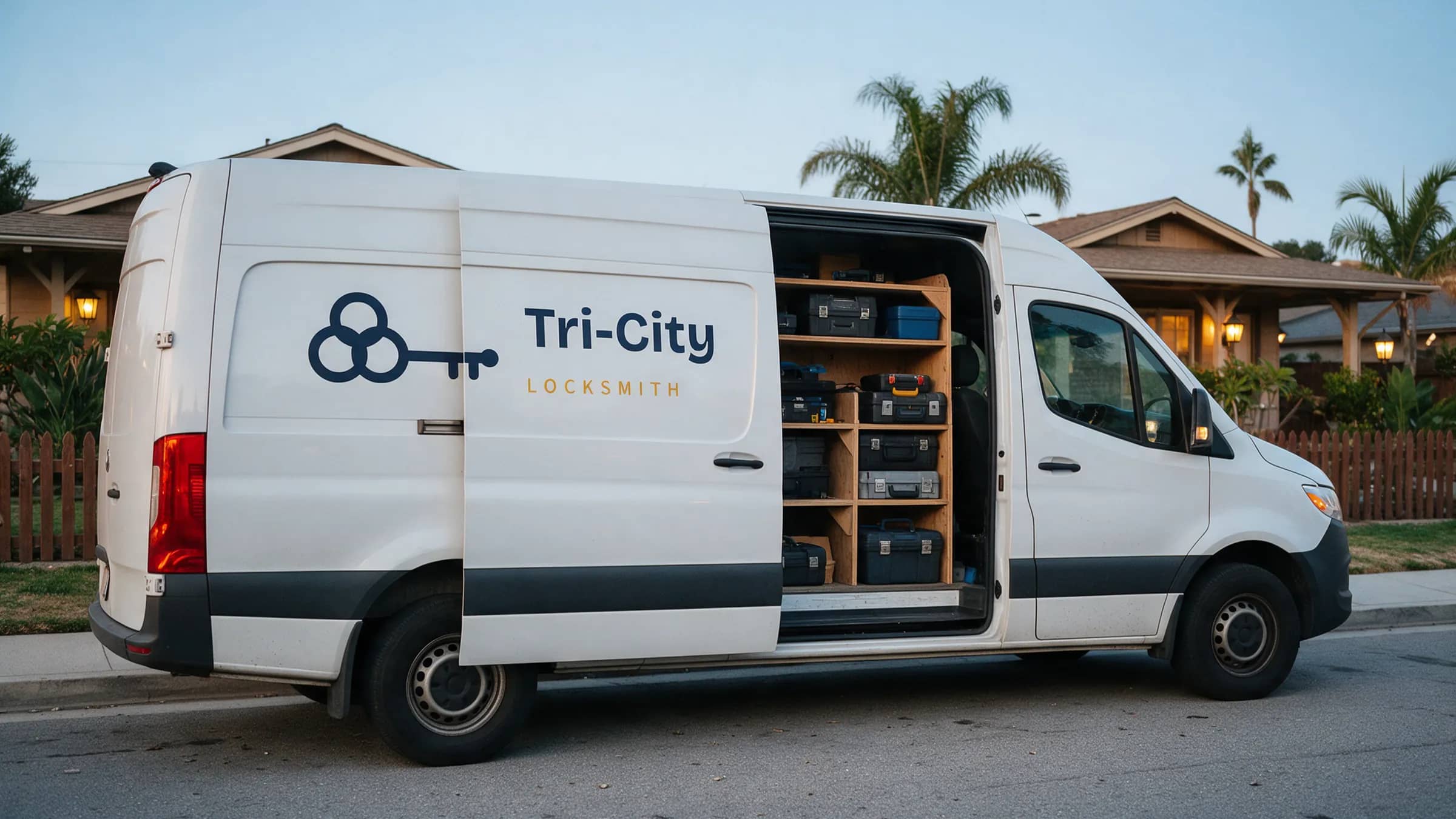 Tri-City Locksmith service van at a Fremont curb at dusk