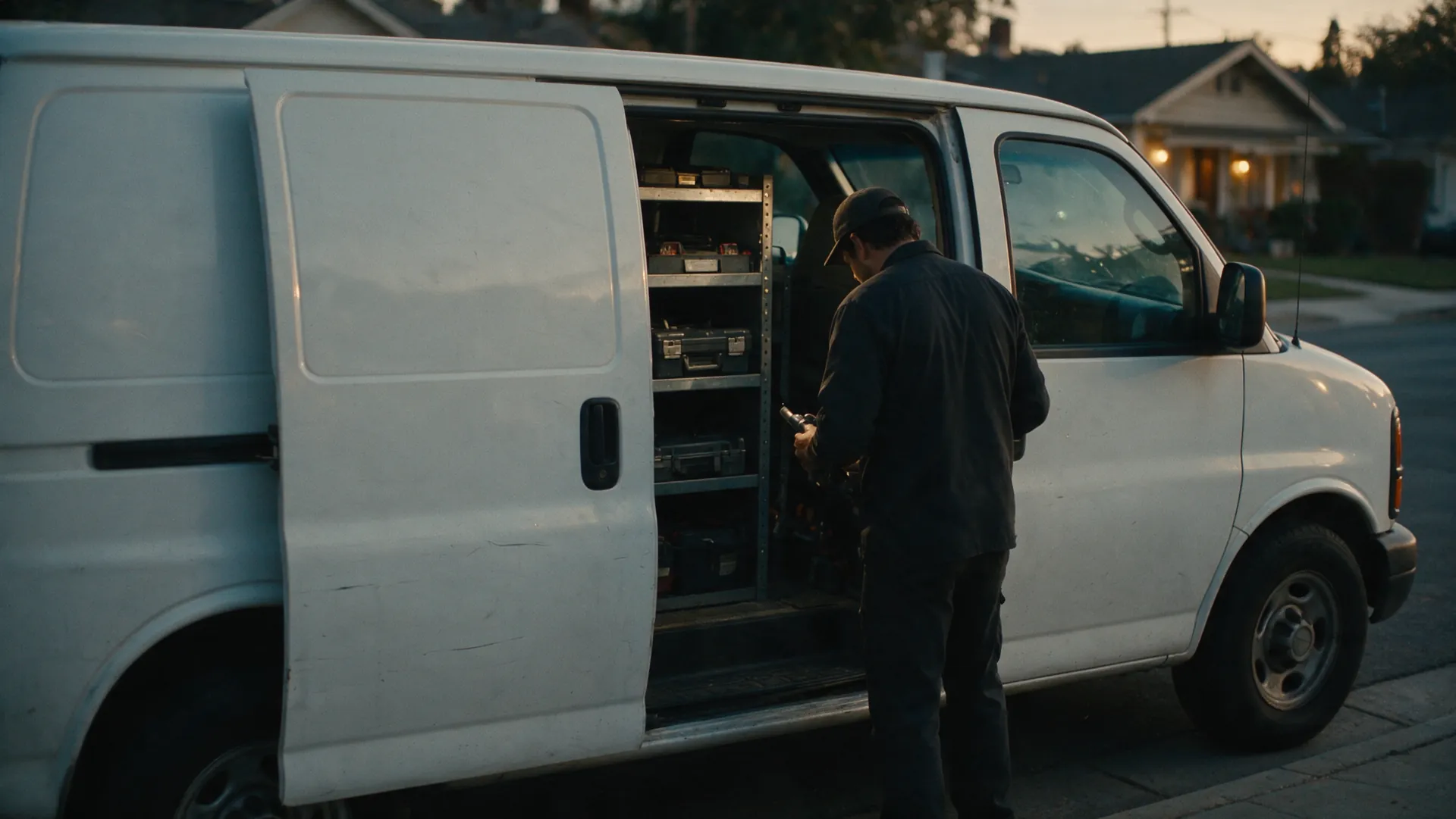 Tri-City Locksmith service van at a Fremont curb at dusk